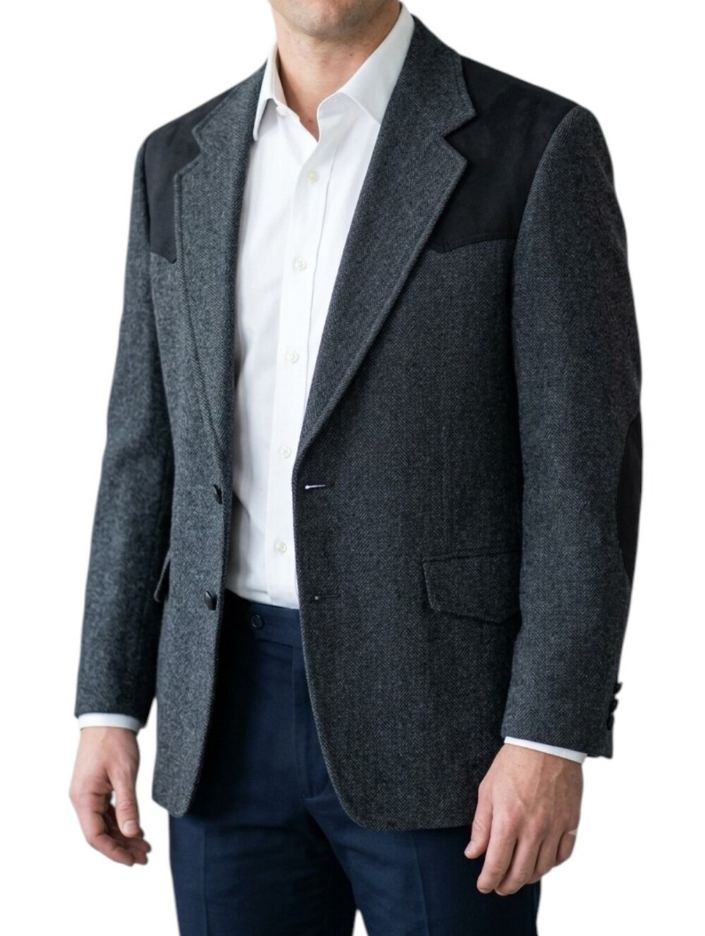Pendleton Mens 44 Wool Herringbone Western Blazer Elbow Patches Charcoal Gray